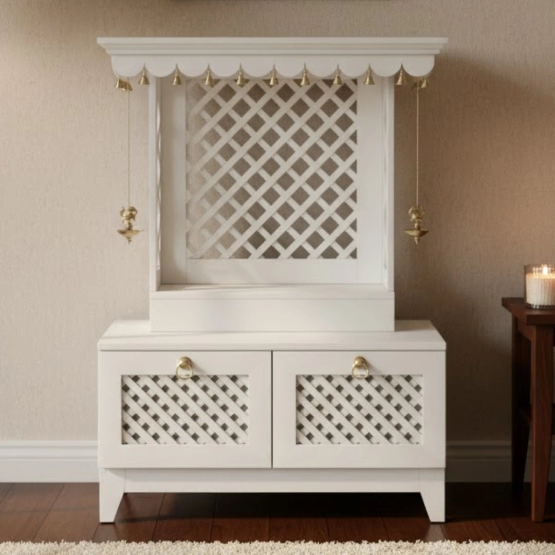 lifestyle view of Pravaha Teak Wood Mandir (White)