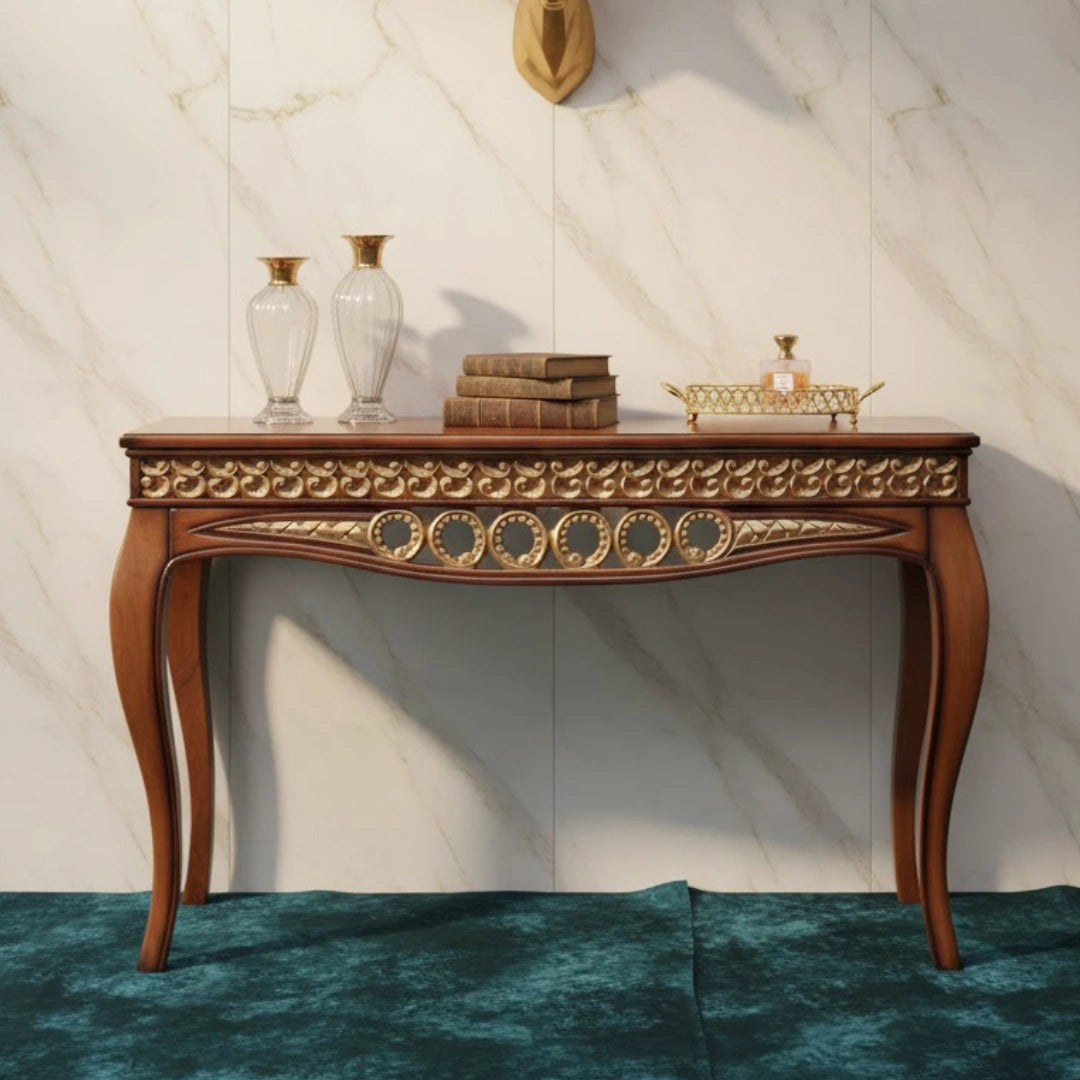 lifestyle view of Vortex Solid Wood Console Table (Teak Gold)