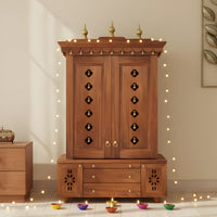 lifestyle view of Vrittika Teak Wood Pooja Mandap with Door (Teak)