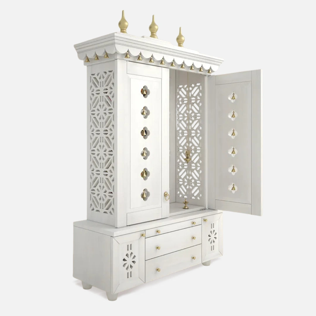 open door side angle of Vrittika Teak Wood Pooja Mandap with Door (White)