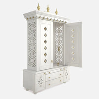 open door side angle of Vrittika Teak Wood Pooja Mandap with Door (White)