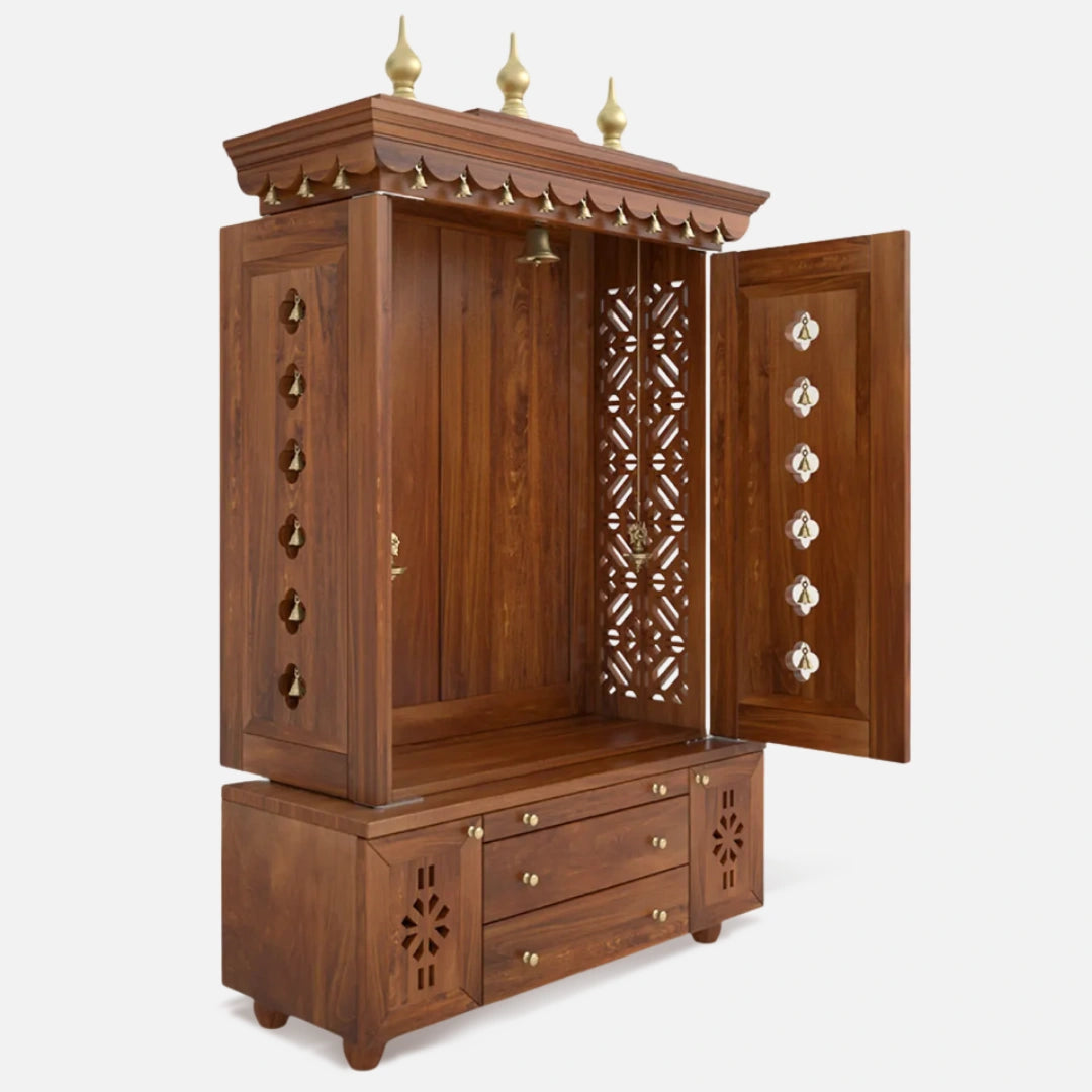 open door side view of Vrittika Teak Wood Pooja Mandap with Door (Teak)