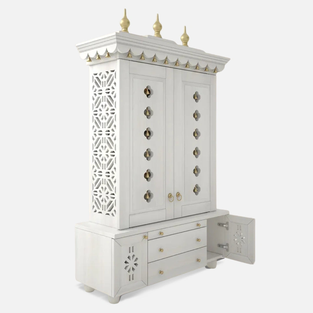 open drawer side angle of Vrittika Teak Wood Pooja Mandap with Door (White)