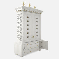 open drawer side angle of Vrittika Teak Wood Pooja Mandap with Door (White)