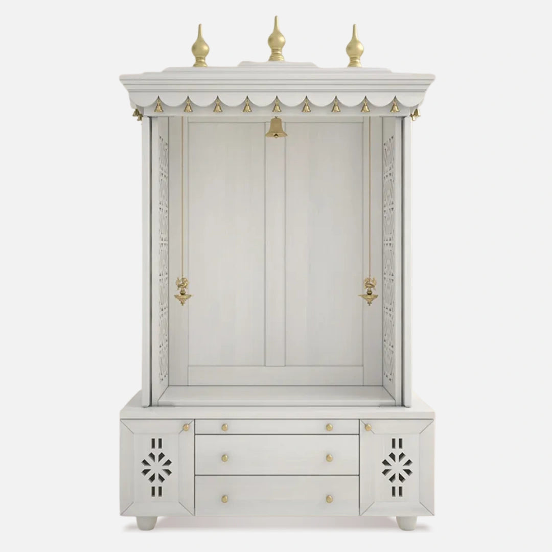 open door front view of Vrittika Teak Wood Pooja Mandap with Door (White)