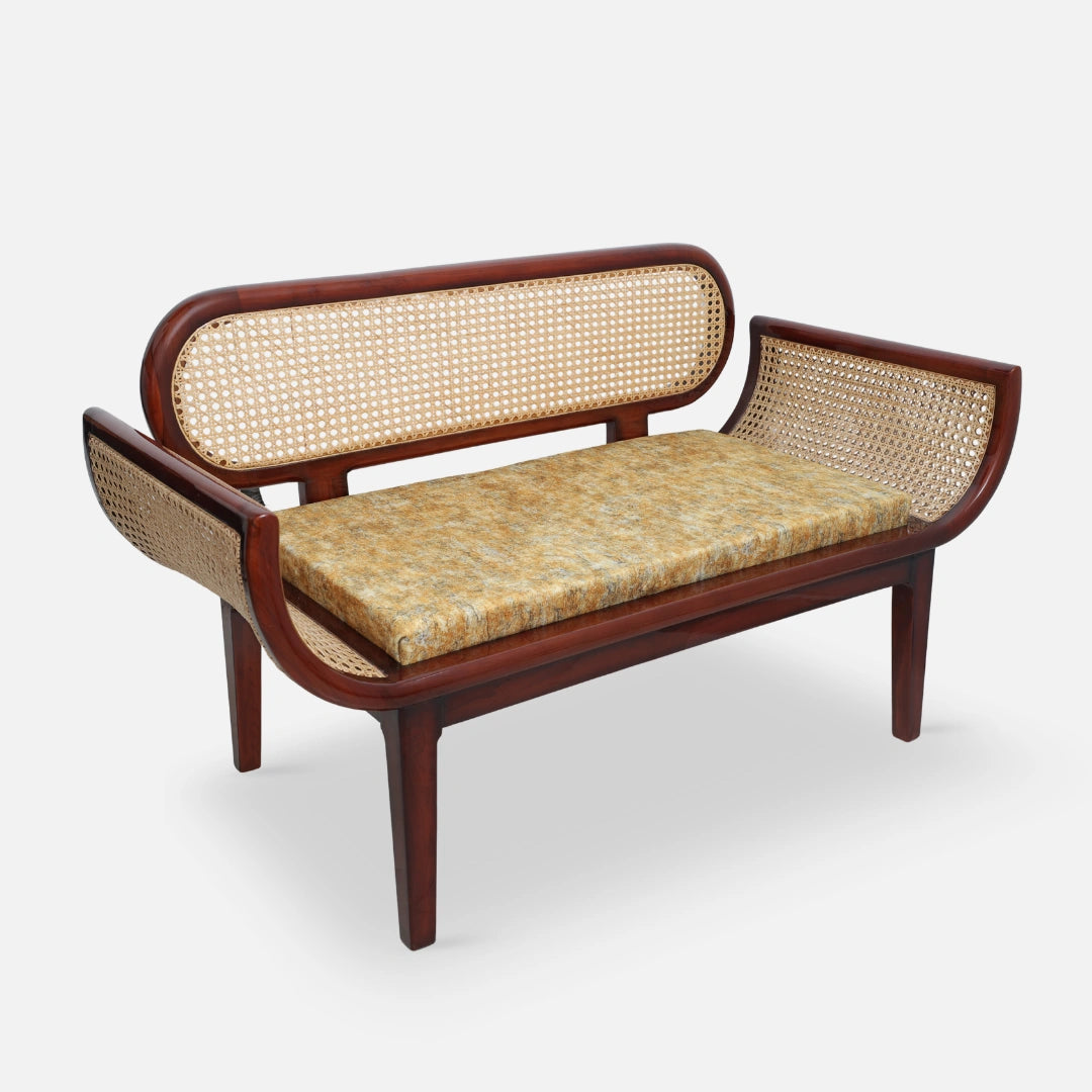 side angle of Elvoro Solid Wood Love Sofa (Teak Orange