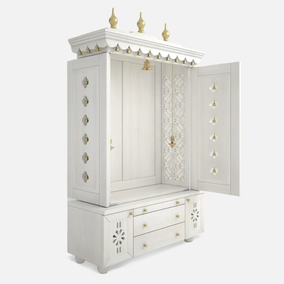 side angle Vrittika Teak Wood Pooja Mandap with Door (White)