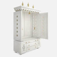 side angle Vrittika Teak Wood Pooja Mandap with Door (White)