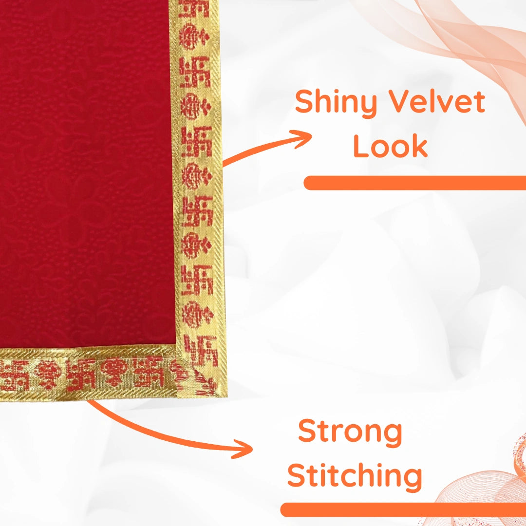 side view Red Pooja Aasan with Swastik Kalash Border – 14x14 Inch