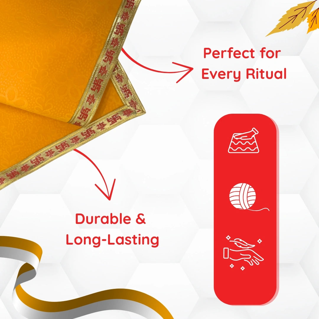 specialisation view of Yellow Floral Pooja Aasan with Red Swastik Border – 15x15 inch