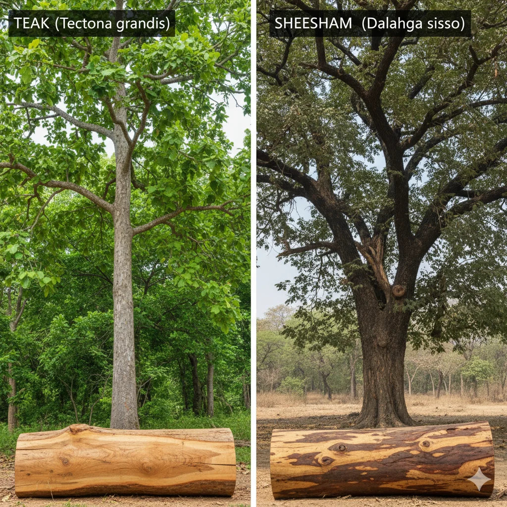 Two trees, Teak and Sheesham, with their respective logs displayed below.
