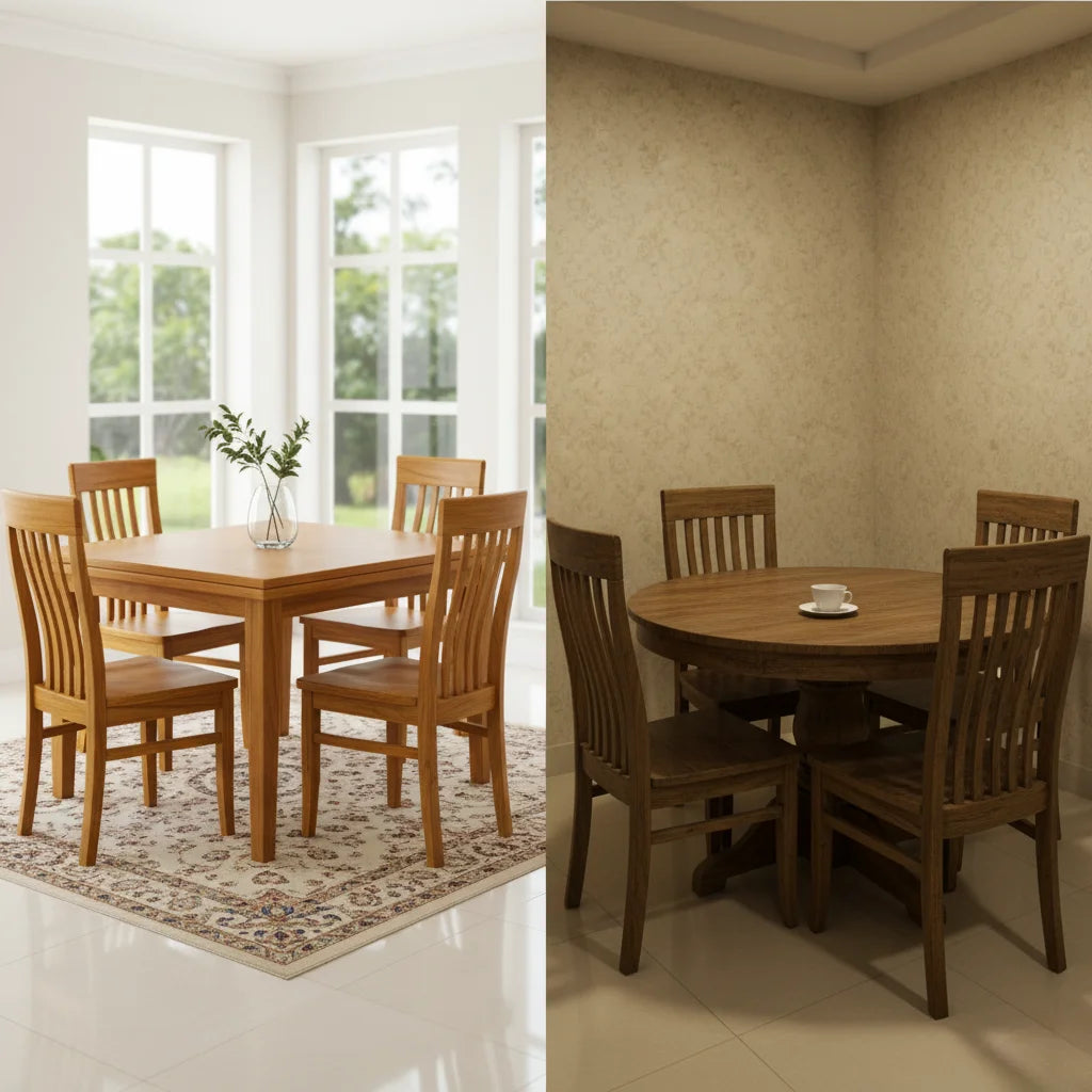 Two images of wooden dining sets with tables and chairs in different settings.