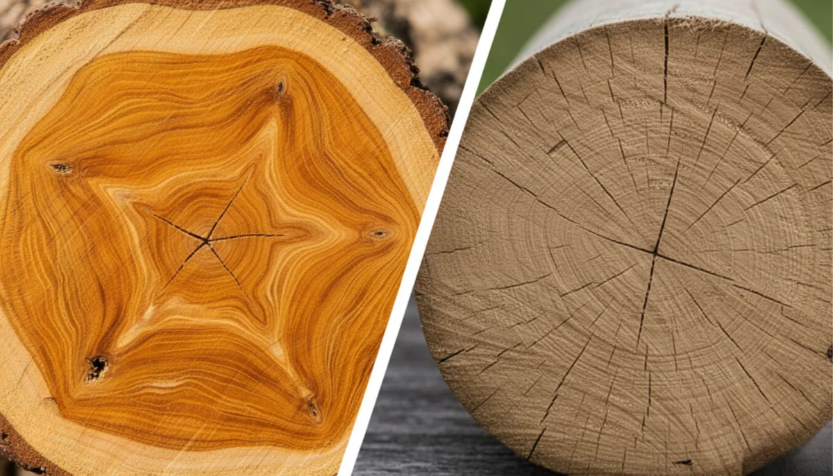 Close-up of a tree stump with concentric rings on the left and a cross-section of a log on the right.
