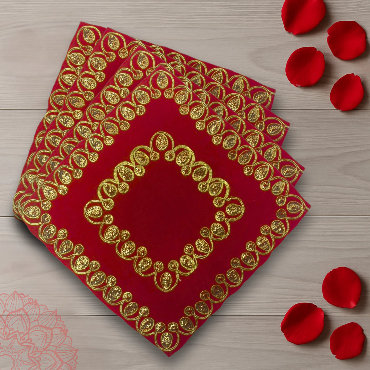 top view Red Velvet Pooja Aasan with Heavy Golden Embroidery