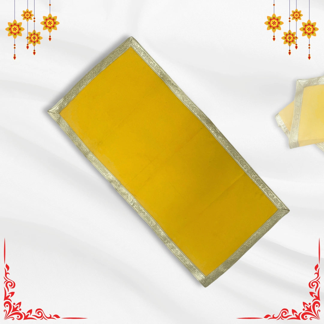 top view Yellow Velvet Pooja Aasan with Silver Floral Border – 14x28 Inch
