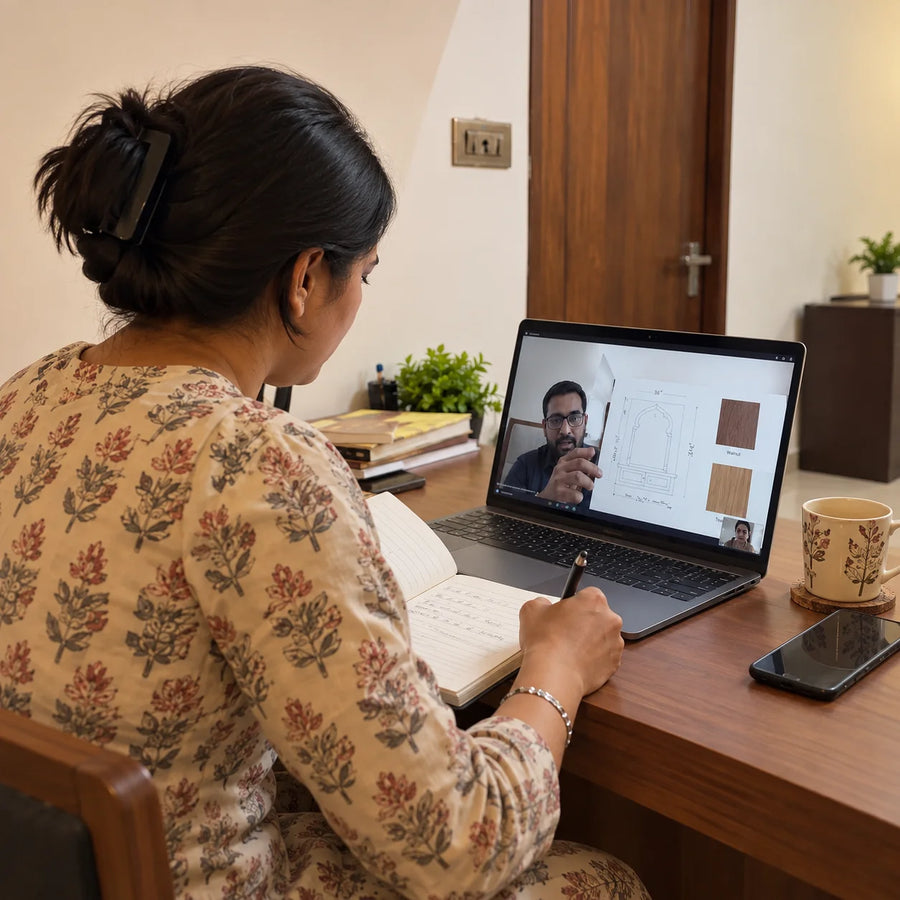customer is showing what to customize on mandir in video call