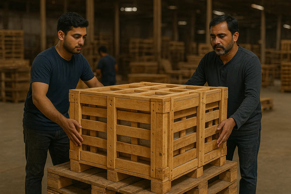 Two workers handling a wooden shipping crate in a factory