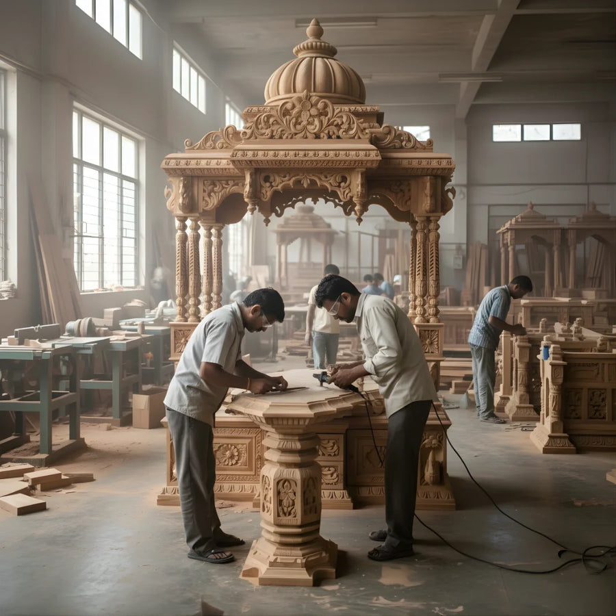 Carvers working on intricate wooden temple in a workshop