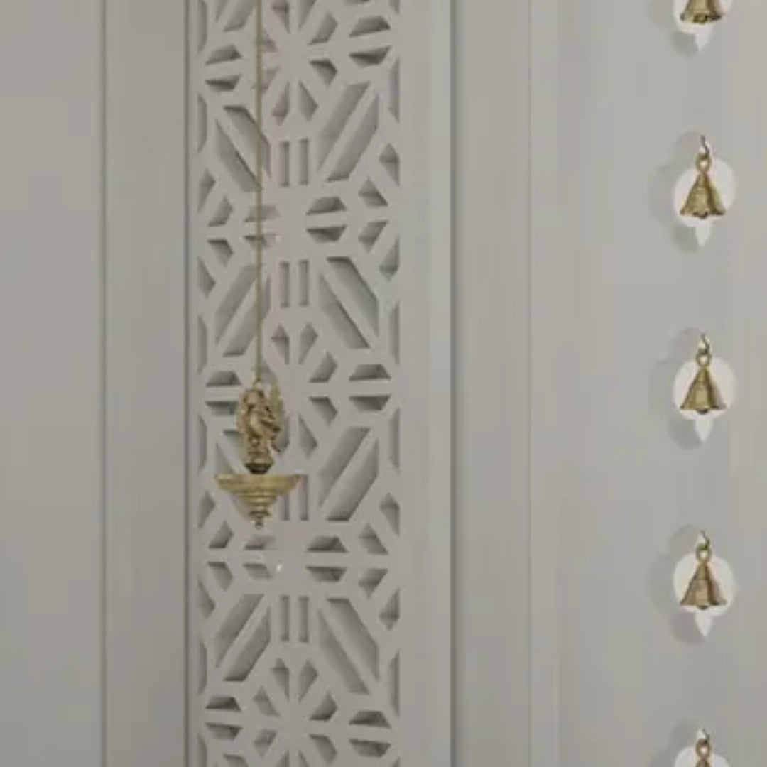 zoom view of Vrittika Teak Wood Pooja Mandap with Door (White)