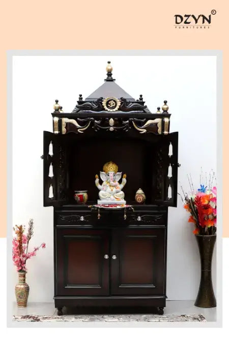 Elegant wooden pooja mandir with intricate carvings, enhancing the spiritual and aesthetic ambiance of a home.