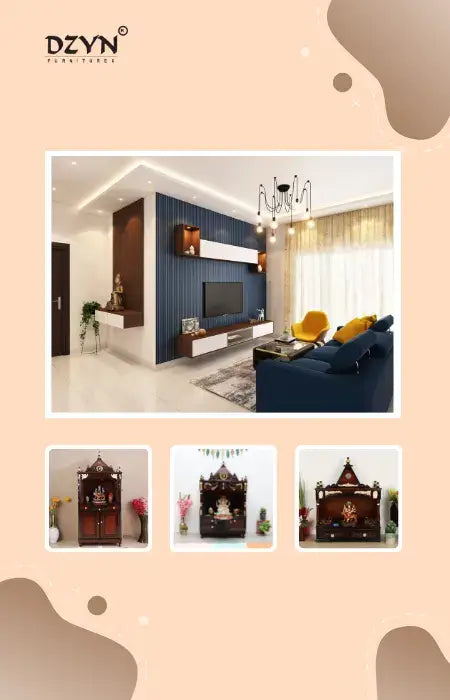 A beautifully decorated living room with a serene pooja mandir, showcasing three different sizes of wooden temples for varied spaces.