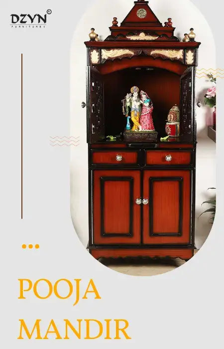 A serene and elegant wooden pooja mandir placed in a well-lit corner of a room, enhancing the spiritual ambiance of the home.