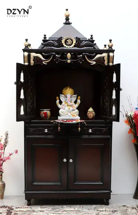 Beautifully designed wooden pooja mandir with intricate carvings and offerings, enhancing the spiritual ambiance of a home.