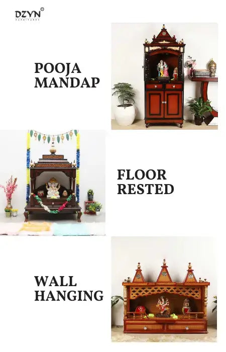 Image showing big pooja mandaps, floor rested home pooja mandir, and wall hanging pooja mandir