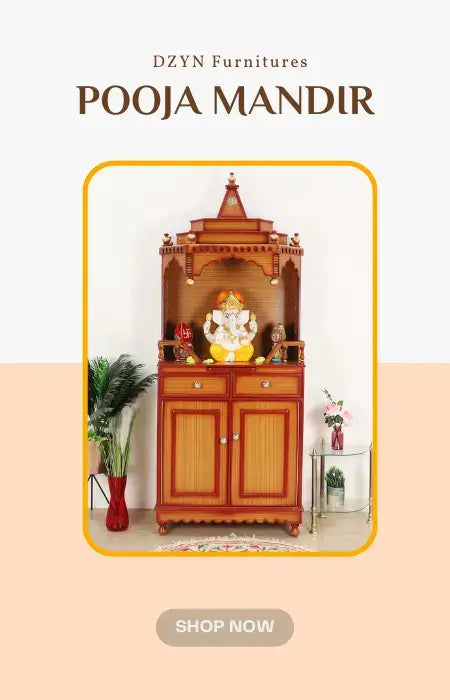 Image of a beautifully decorated pooja room with large wooden pooja mandir, enhancing the serene and spiritual atmosphere.