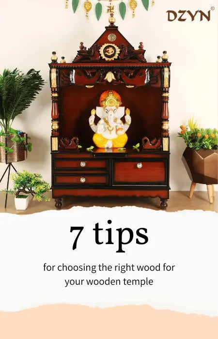 A teak wood floor rested wooden temple placed in a pooja room.