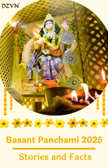 Idol of Goddess Saraswati decorated with flowers and lights for Basant Panchami 2025 celebration, with lamps and festive setup.