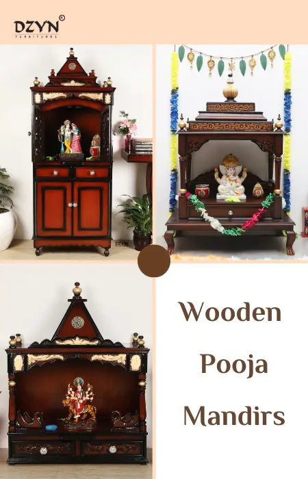 Beautifully crafted wooden pooja mandirs with intricate designs and glossy finish, enhancing the spiritual ambiance of a home.