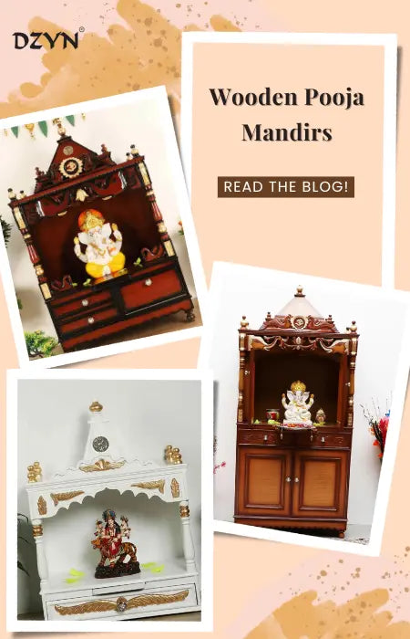 Three different sizes of pooja mandir big pooja almirah, floor rested wooden temple and wall mounted wooden pooja mandir placed in pooja rooms.