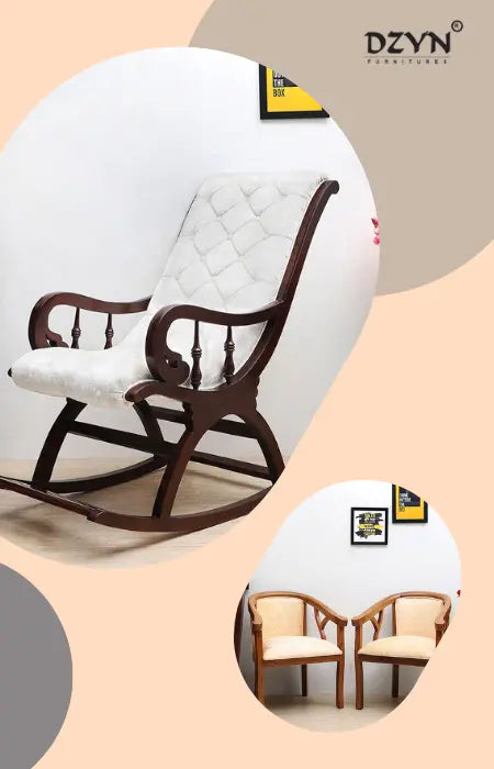 Teak Wood Rocking Chair and a set of bedroom chairs in a living room.