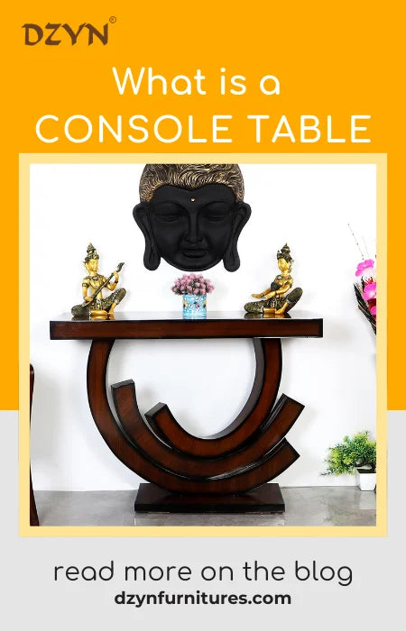 Modern wooden console table with curved base and decorative items including statues and a Buddha wall art, placed in a living room setting.