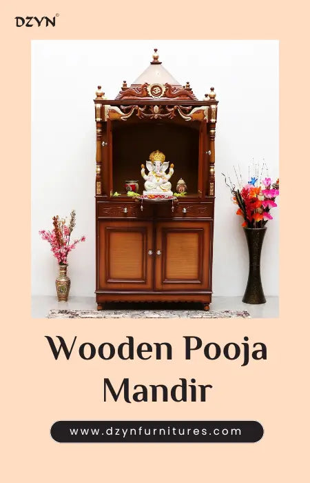 Divya Wooden pooja mandir placed in a pooja room.