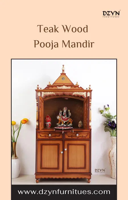 Wooden pooja mandir setup in a tranquil home environment.