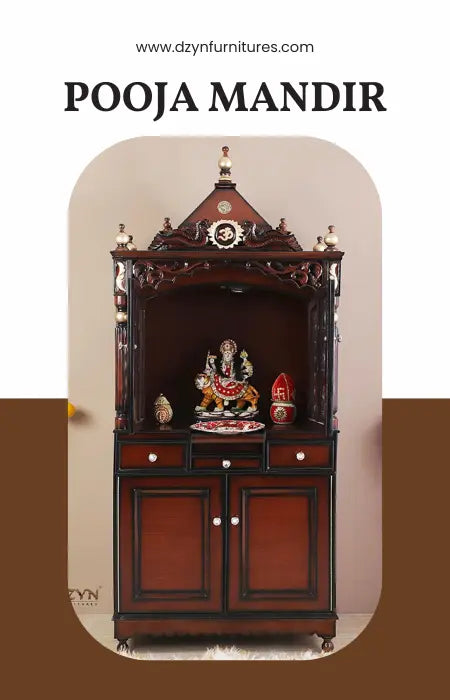 Wooden pooja mandir beautifully set up in a home