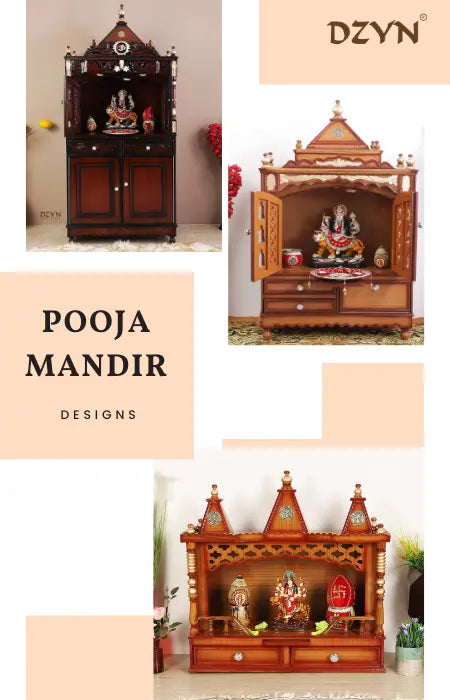 Three different sizes of wooden pooja mandirs displayed in a home setting.