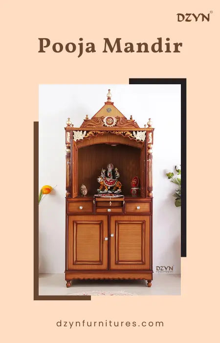 Elegant wooden pooja mandir placed in a serene home.