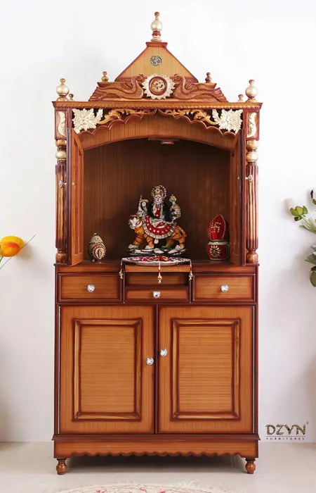 A beautifully handcrafted wooden pooja mandap featuring design on Om and flower placed in a pooja room.