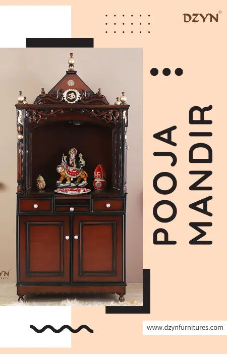 Beautiful wooden pooja mandir placed in a serene home setting.