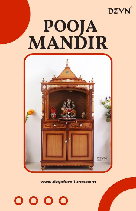 Wooden pooja mandir setup with idols, incense, and decorative items in a serene home environment.