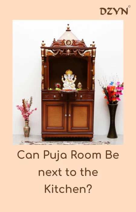 Wooden Pooja mandir placed in a pooja room.