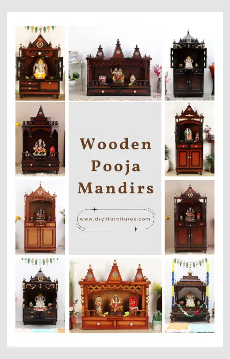 Various beautifully designed wooden pooja mandirs displayed together, showcasing intricate carvings and elegant finishes suitable for different home decor styles.