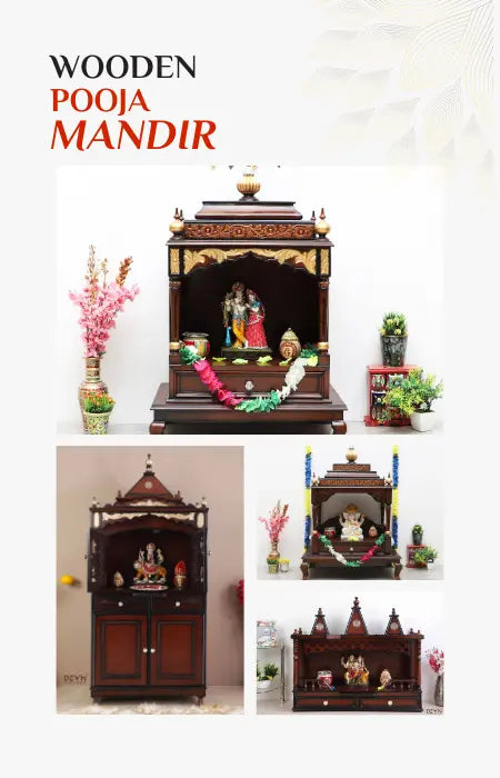 Wooden pooja mandirs displayed in a home setting.