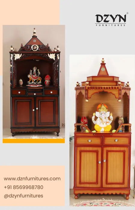 Beautiful handcrafted wooden pooja mandirs displayed in a serene home setting.