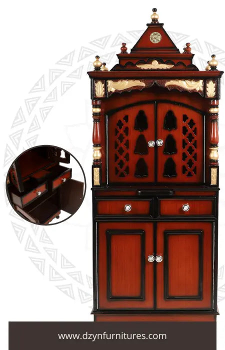 Beautifully crafted wooden pooja mandir with intricate carvings.