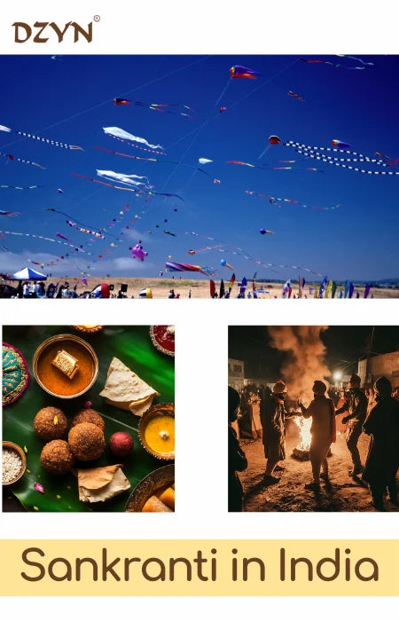 Festive collage for Sankranti in India showcasing vibrant kite flying under a clear blue sky, traditional Indian sweets and snacks like laddoos and tilgul, and a group celebrating around a warm bonfire, symbolizing the cultural richness of the festival.