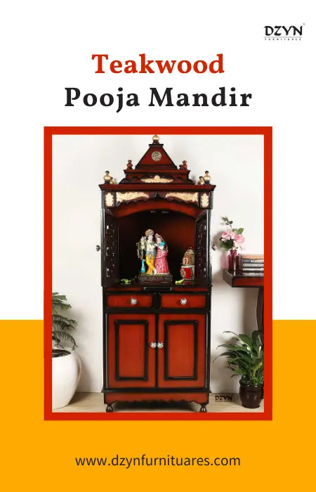 Beautiful teakwood pooja mandir with intricate carvings and idols, creating a serene and sacred space at home.